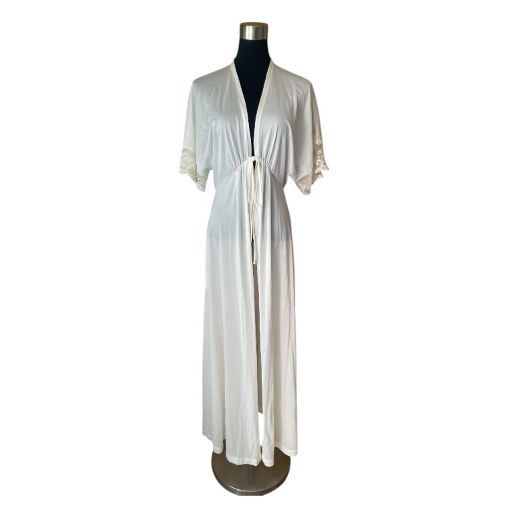 Vintage 80s/90s White Long Robe Dress Embroidered Flared Sleeve Detail XS-M